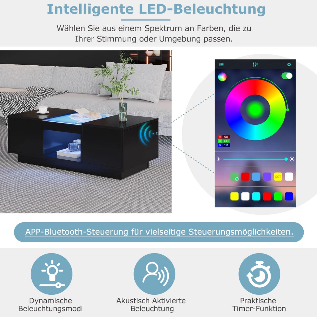 Tavolino basso fisso con LED controllabili tramite app 2 cassetti e vano aperto nero 100 × 50 × 35.5 cm