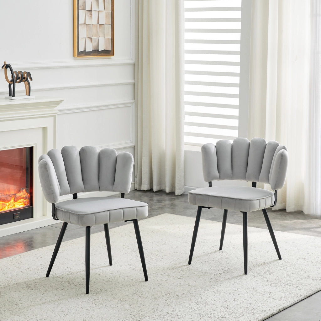 Set di 2 sedie da pranzo in velluto grigio chiaro con gambe in metallo nero e schienale a fiore