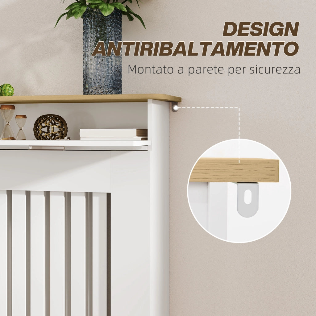 Copritermosifone Moderno in Legno Bianco a Doghe con Cassetto Portaoggetti e Sistema Antiribaltamento, per Casa, 112x19x97 cm