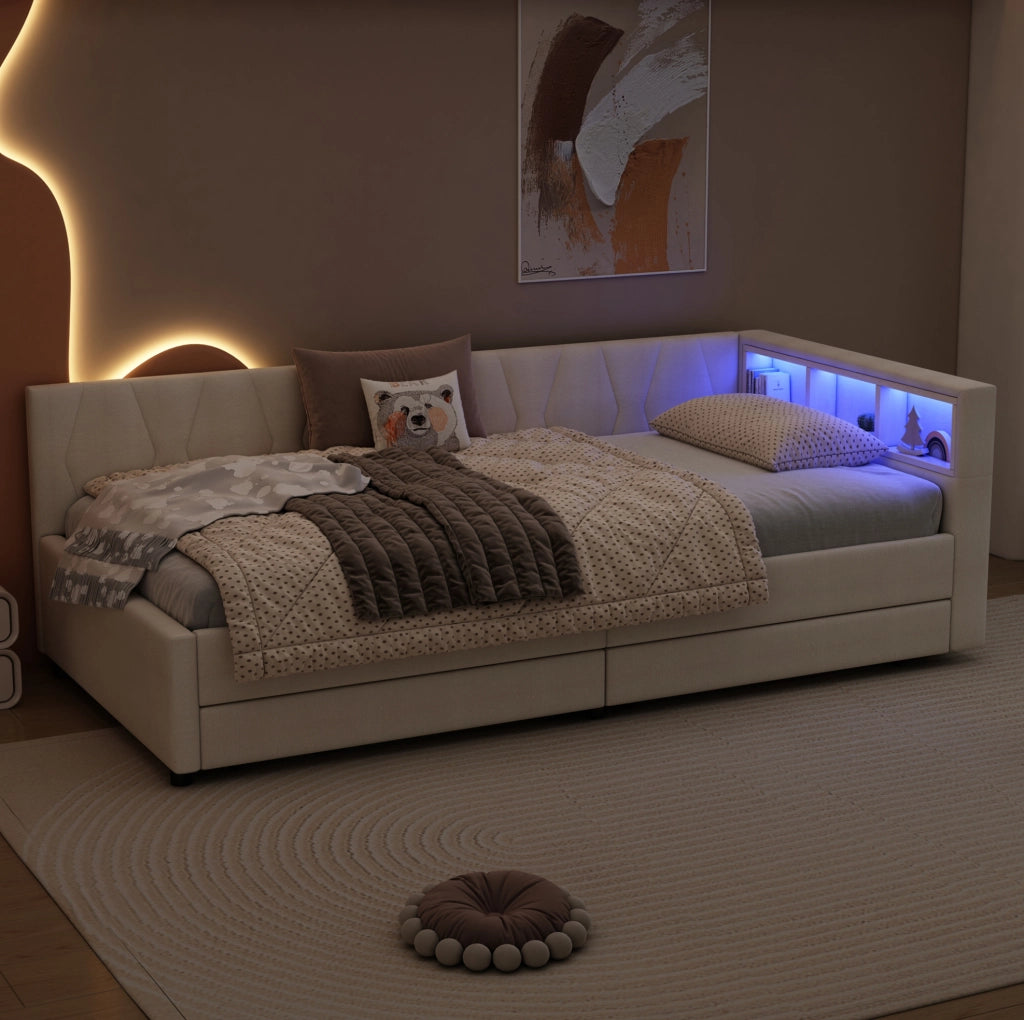 Letto da giorno 90x200 cm beige con LED, USB-C e cassetti