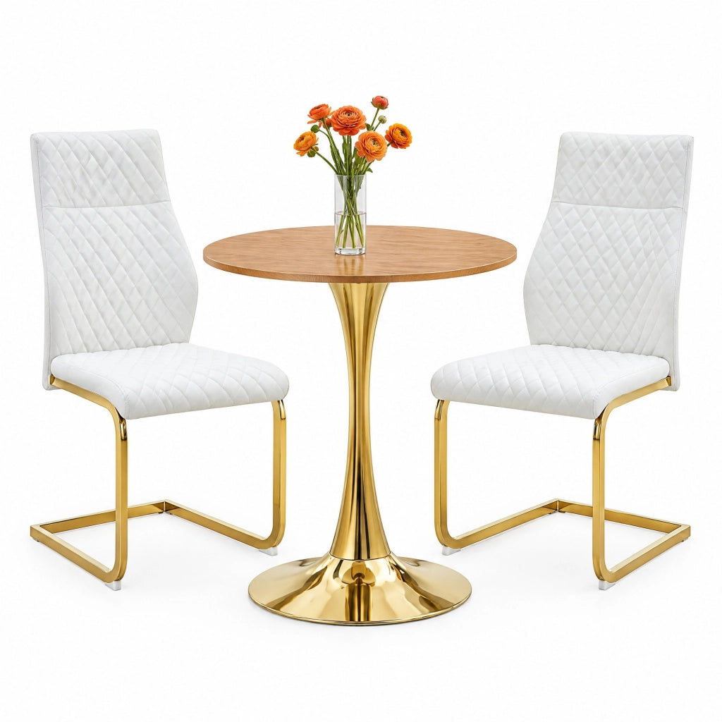 Set tavolo rotondo 60 cm bianco e oro; MDF con 2 sedie in similpelle