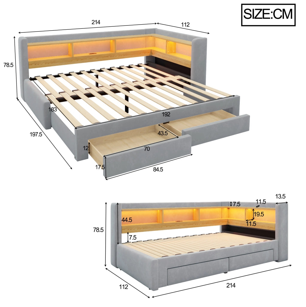Divano letto 3 in 1 estraibile 90x200 cm; matrimoniale 180x200 cm; LED e cassetti; grigio
