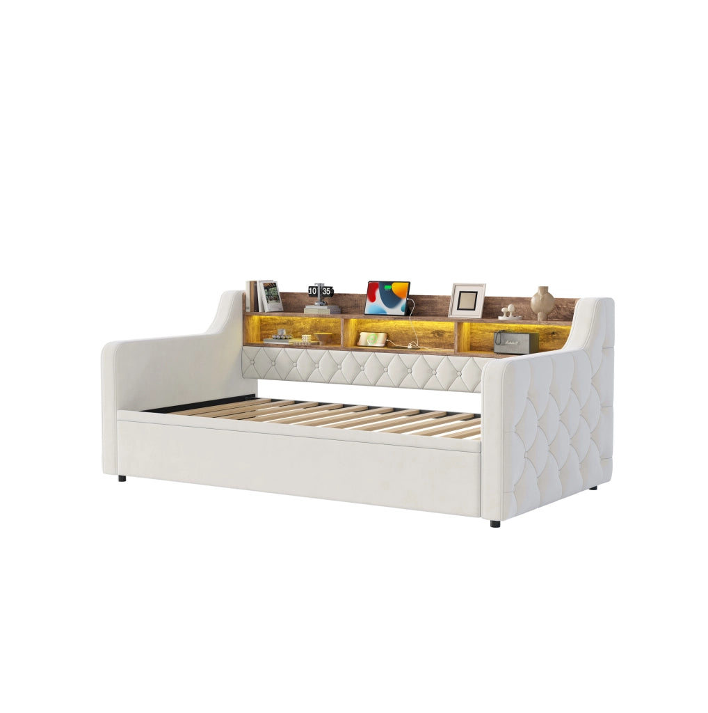 Divano letto 90x190 cm in velluto beige con contenitore in legno, illuminazione LED, prese USB e Type-C, rete a doghe e braccioli