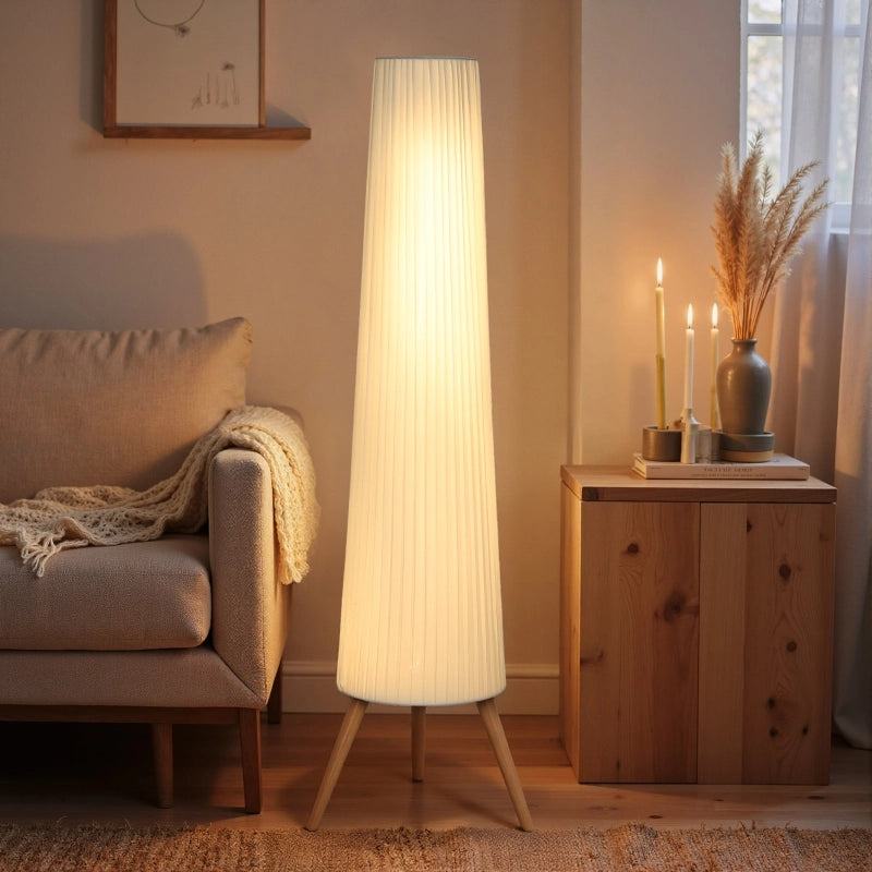 Lampada da terra a LED per soggiorno, dimmerabile, in legno con base a treppiede, con interruttore a pedale, 46 x 46 x 153 cm, bianca