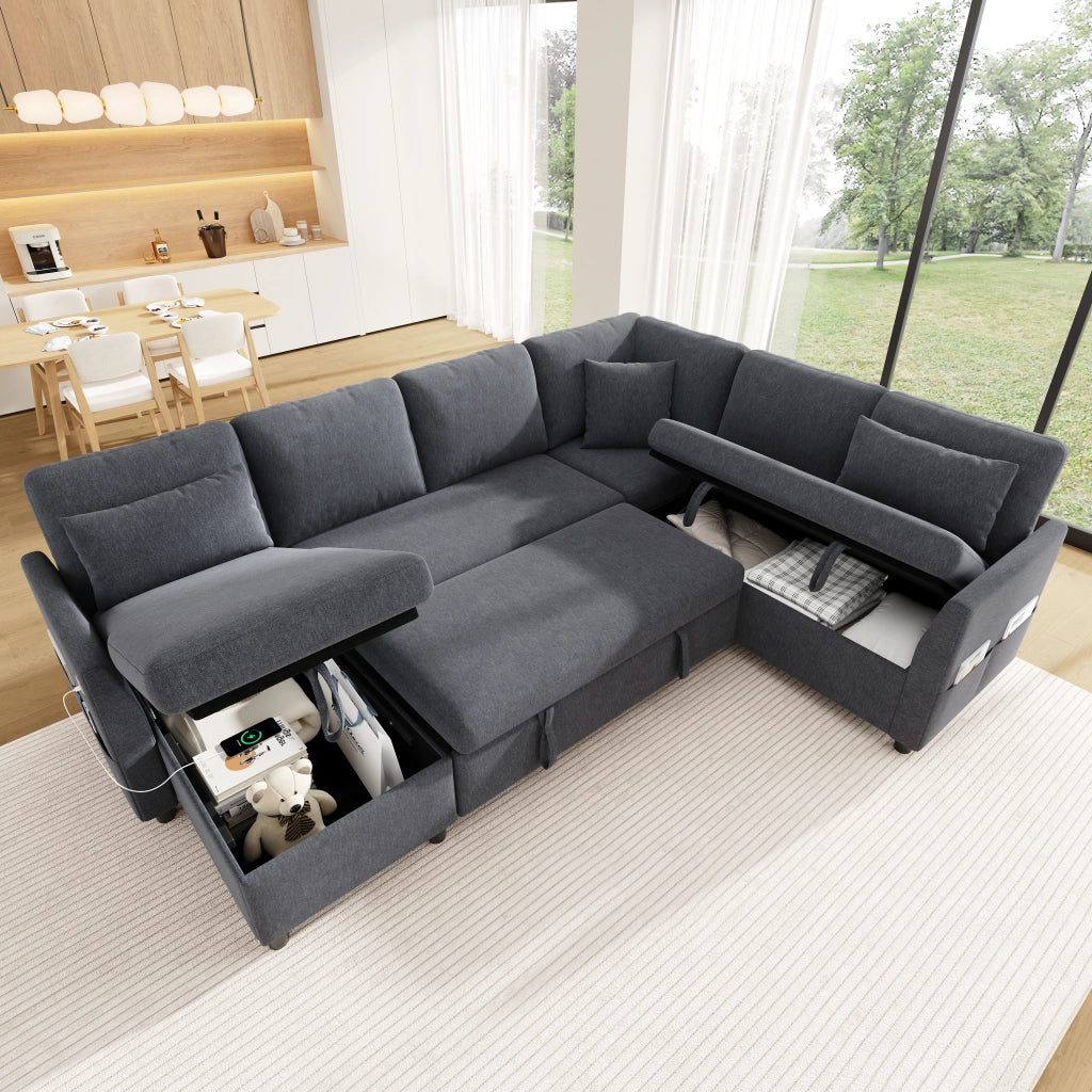 Divano letto angolare grigio con contenitori; chaise longue reversibile; USB e USB-C