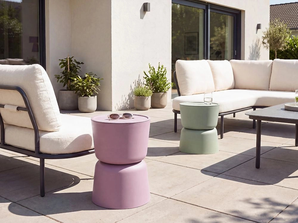 Set di 2 tavolini da salotto verde e viola in materiale sintetico, sgabelli multifunzionali da patio resistenti a macchie, ruggine e acqua in stile moderno