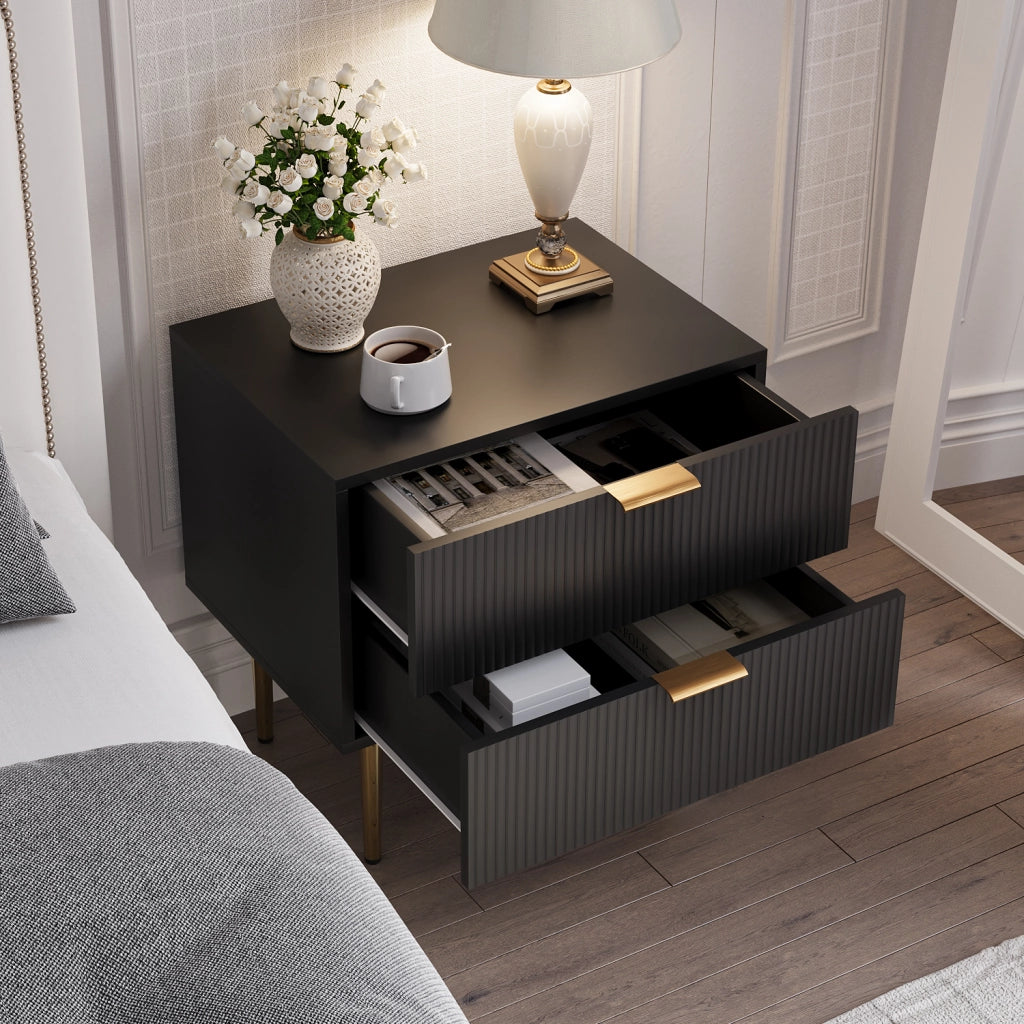 COMODINO Moderno con 2 cassetti Nero MDF e metallo