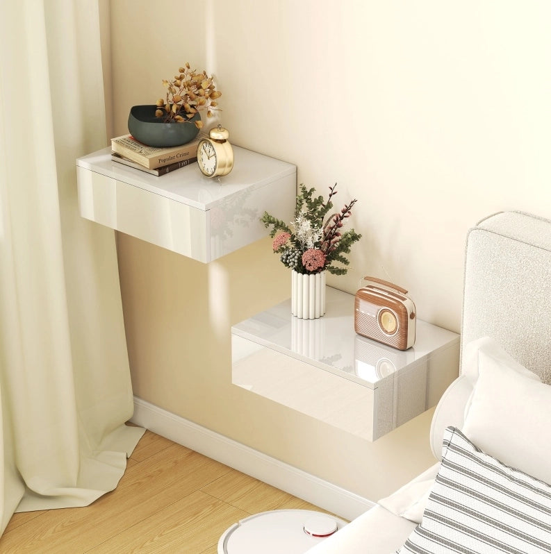 Set di 2 Comodini Sospesi in Truciolato Bianco con Cassetto per Camera da Letto
