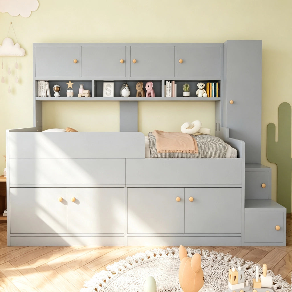 Letto a soppalco 90 × 200 cm con armadio scale contenitore LED in legno grigio con barriera e rete a doghe