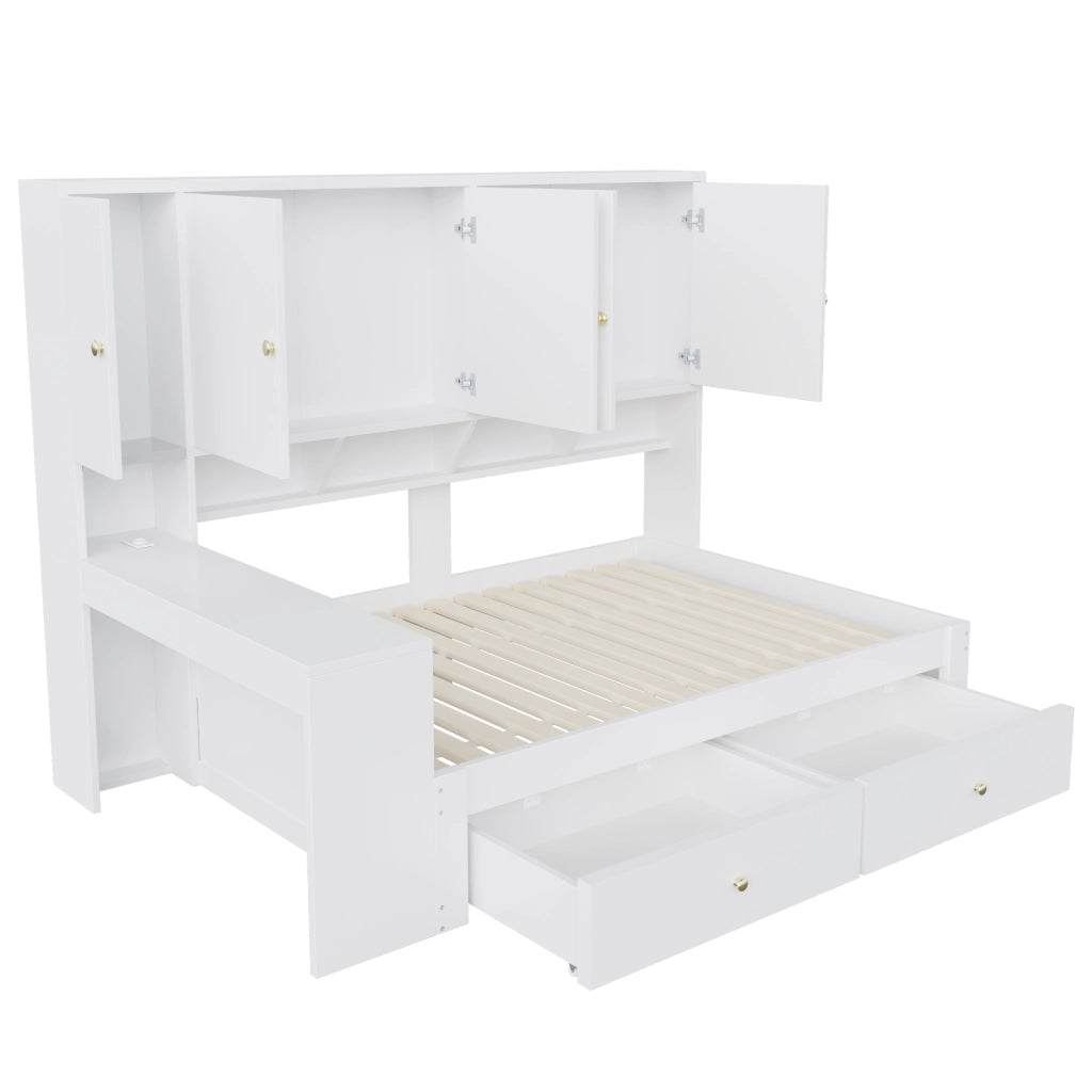 Letto multifunzionale 90x200 cm con scrivania integrata; armadi; 2 cassetti; LED e presa; bianco