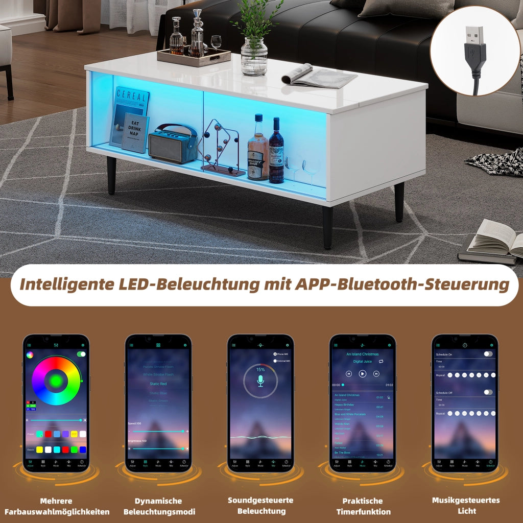 Tavolino da caffè sollevabile con LED e vano contenitore