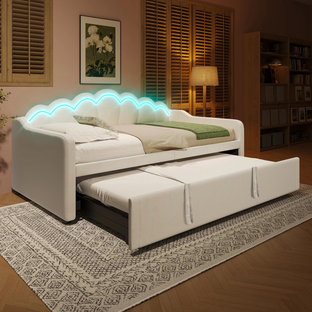 Letto con letto estraibile 90 × 200 cm doppia superficie 180 × 200 cm con LED regolabili in velluto beige