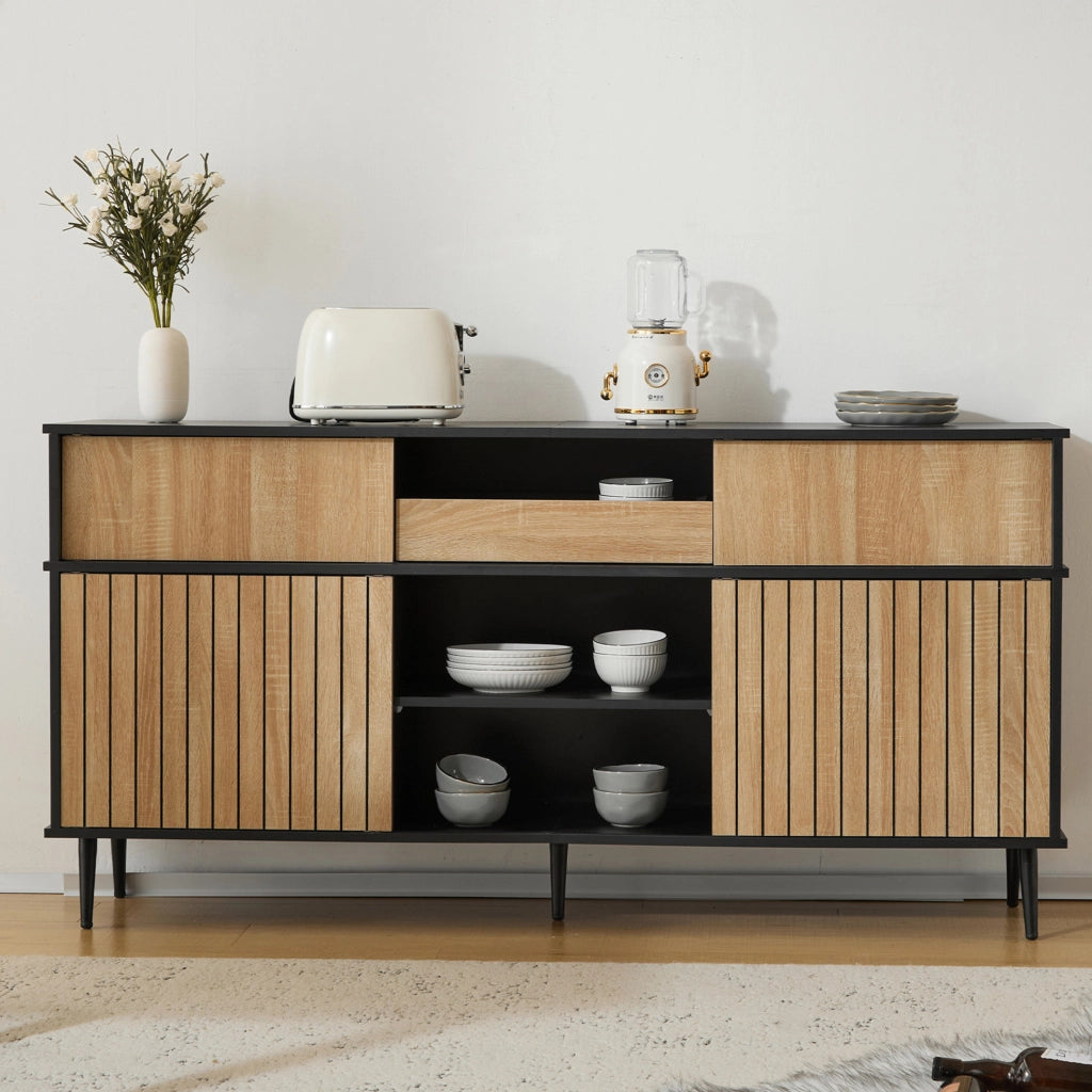 CREDENZA 160x40x80 cm con 4 ante scorrevoli e 1 cassetto Nero/Naturale