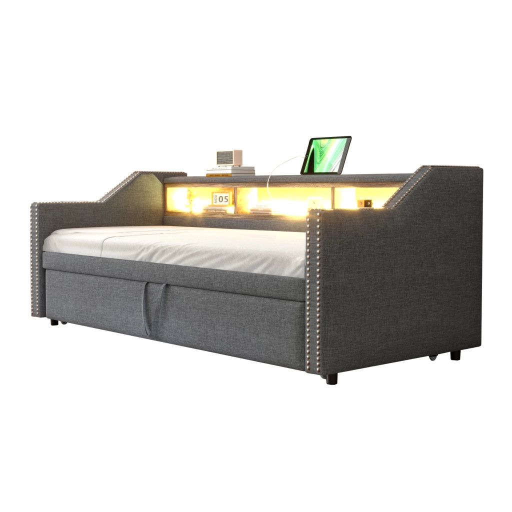 Letto divano estraibile 90 × 190 cm et 180 × 190 cm con ripiani, LED et USB, con 2 materassi
