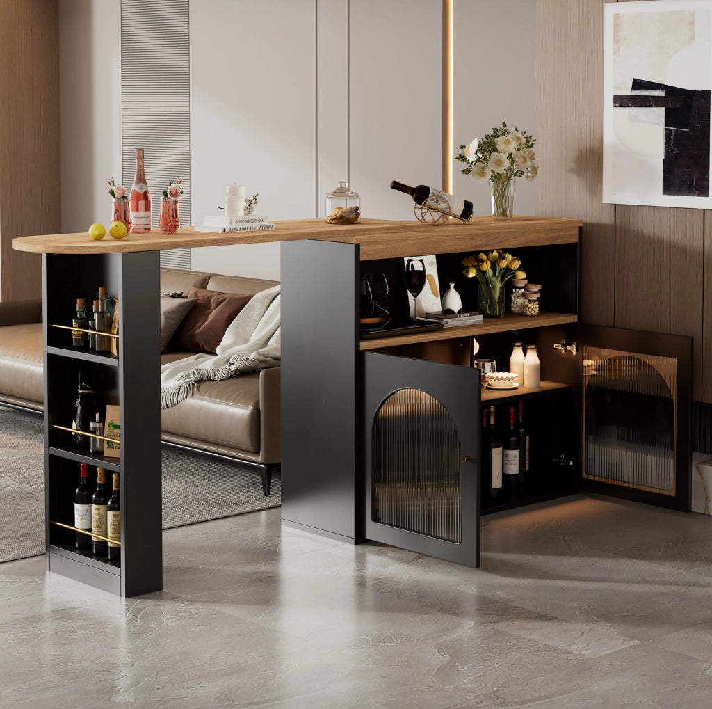 Tavolo bar girevole ed estensibile 138-193x39x105 cm con LED e ripiani; nero