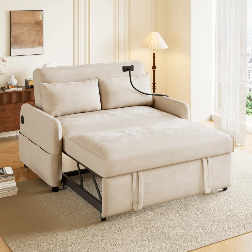 Divano letto estraibile a 2 posti con schienale reclinabile; USB; tasche laterali; beige