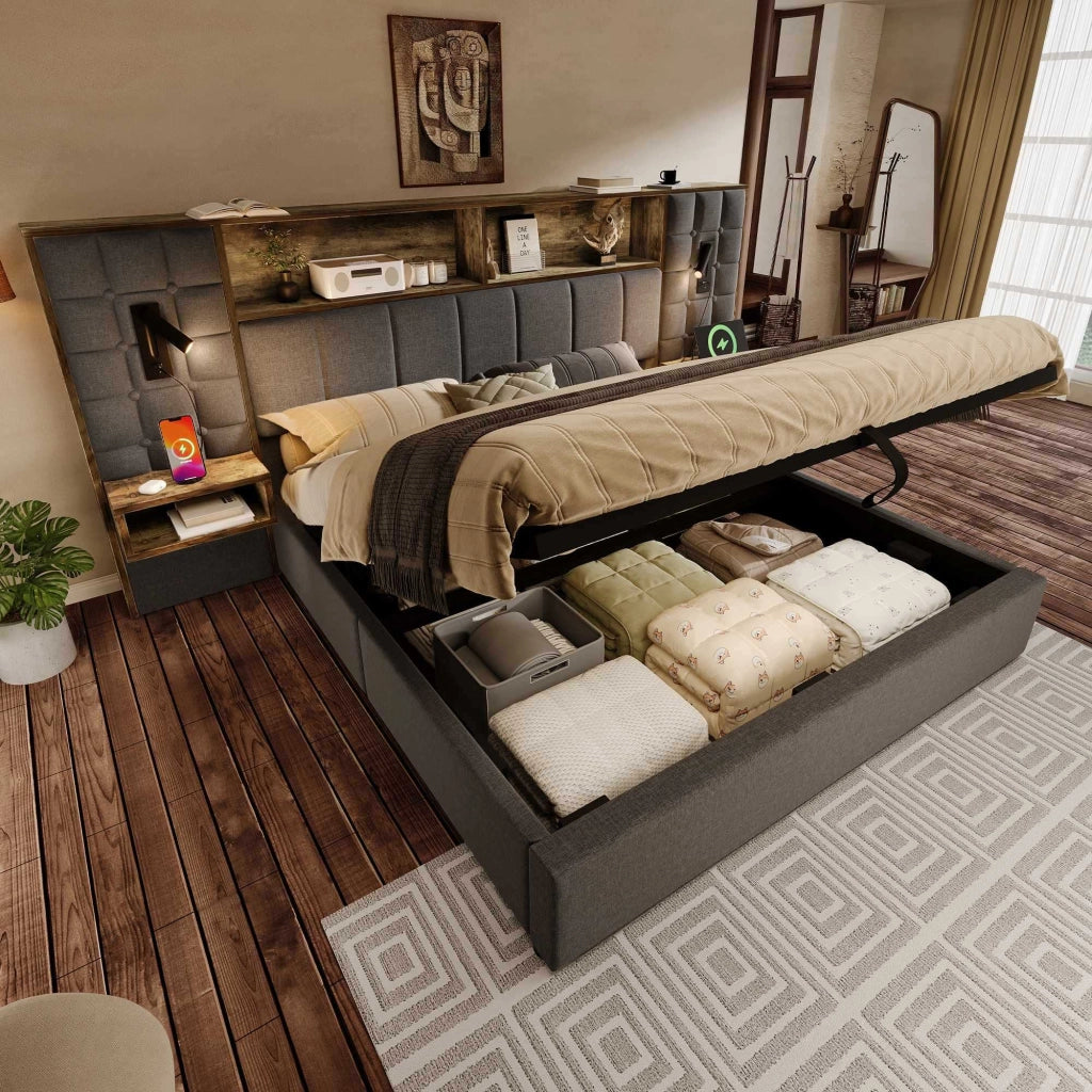 Letto contenitore 180x200 cm grigio con LED, 2 luci da lettura, comodini e porte USB-C, senza materasso