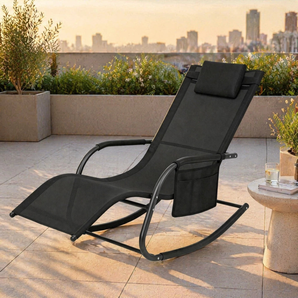 Sedia a dondolo da esterno in policotone nero con struttura in metallo 152x83x62 cm