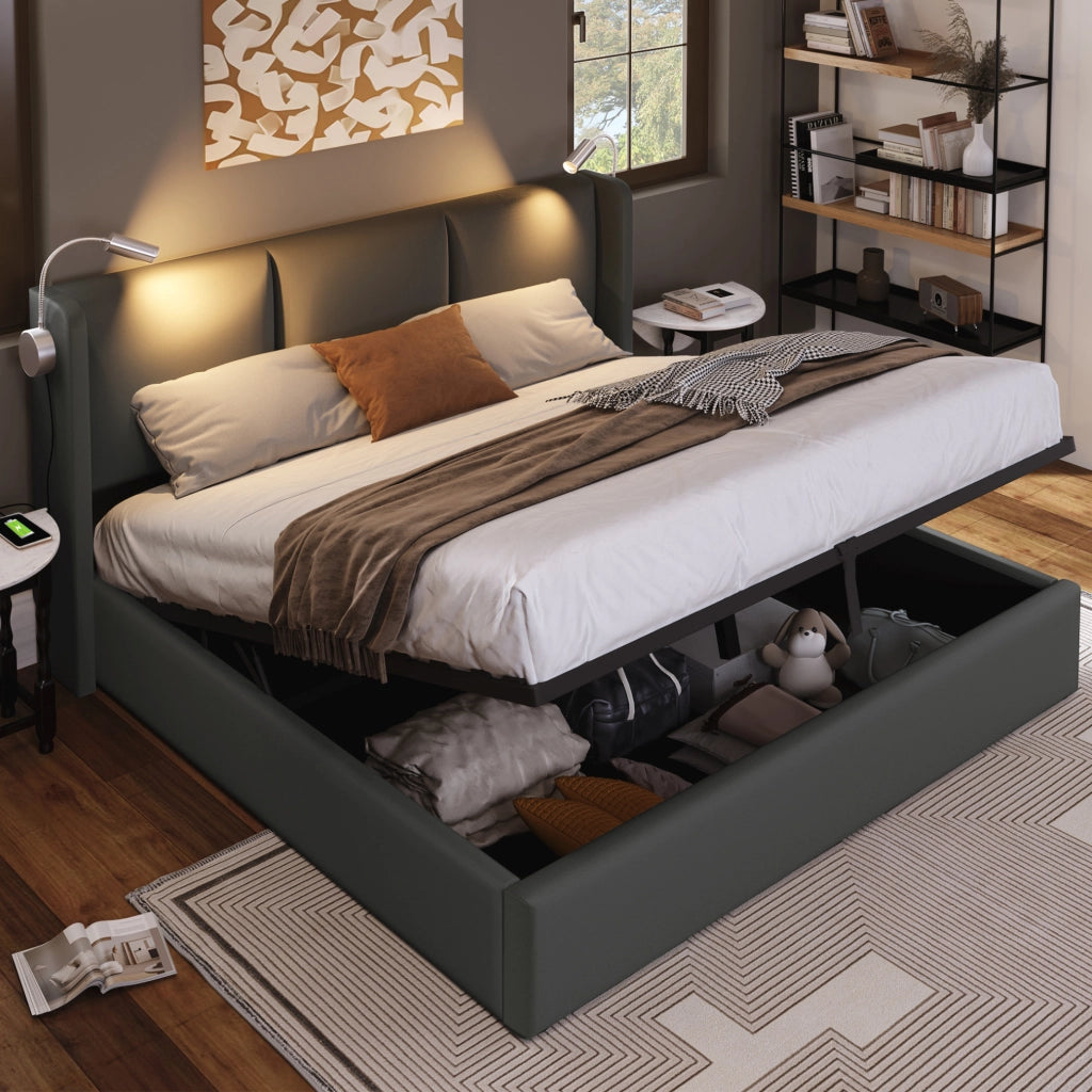 Letto matrimoniale 160x200 cm imbottito in PU grigio con contenitore; luce lettura e USB