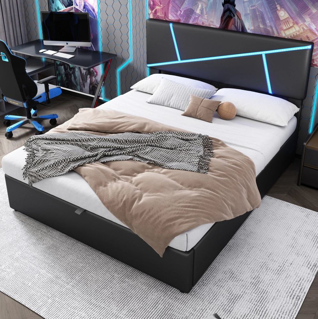 Letto imbottito con LED; contenitore idraulico; PU nero