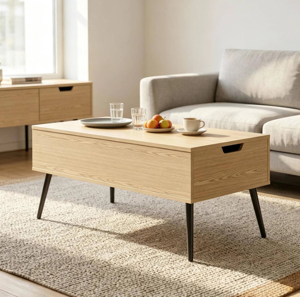 Tavolino da salotto multifunzione con piano rialzabile, effetto legno naturale e gambe in metallo nero, 100x50x43,6 cm