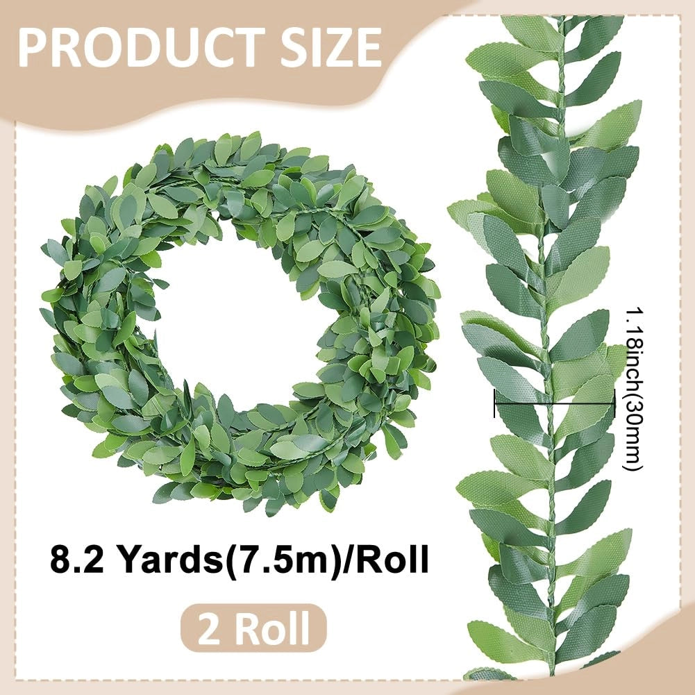 Set da 2, ghirlande di foglie artificiali verdi, lunghezza 15 metri