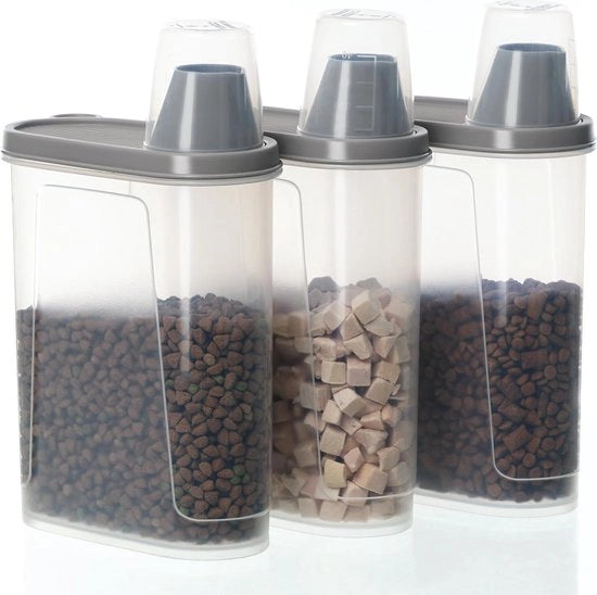 Set di 2 contenitori a prova d'aria per cibo per cani, contenitori di scorta, contenitore di conservazione acqua-tetto per cibo per gatti con misurino, contenitore di cibo, conservazione, 2300 ml (3 pezzi, grigio)