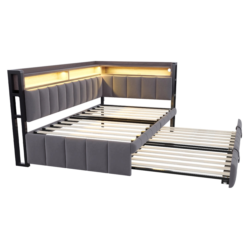 Divano letto estraibile ULEVR 90x200 cm con LED, USB e Type-C, vani portaoggetti, velluto grigio