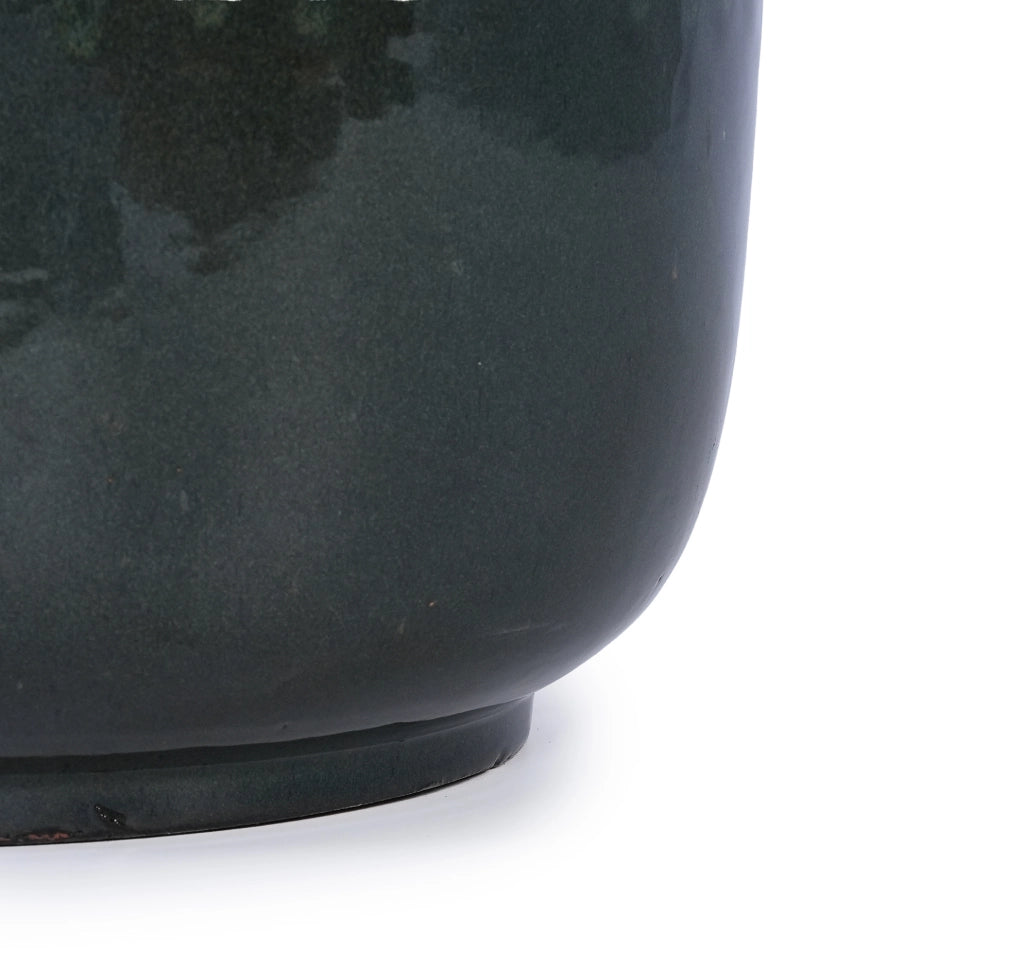 Set di 3 Vasi in Ceramica Artigianali Ø 38/30,5/23 cm, Verde Scuro Lucido con Righe Verticali, con Fori di Drenaggio per Giardino e Balcone