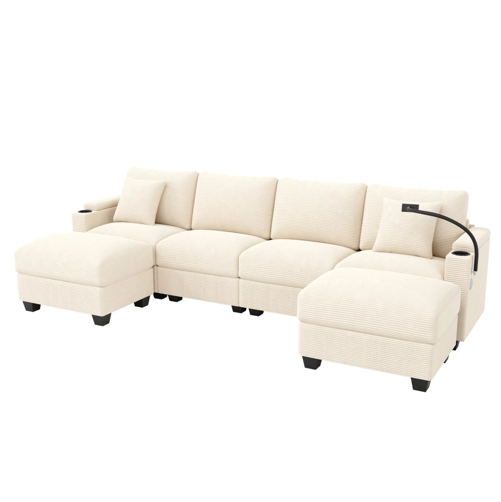 Divano modulare a U 275,5x139x87 cm in velluto a coste beige con vano