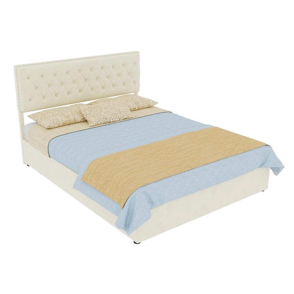 Letto moderno minimalista beige 140x200 cm con testiera imbottita e contenitore, struttura in legno con supporto pneumatico, senza materasso