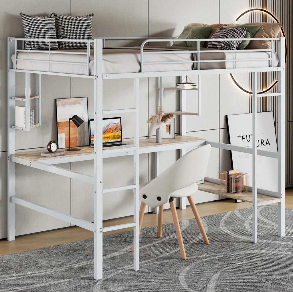 Letto a soppalco 90x200 cm con scrivania e libreria in metallo e MDF; bianco