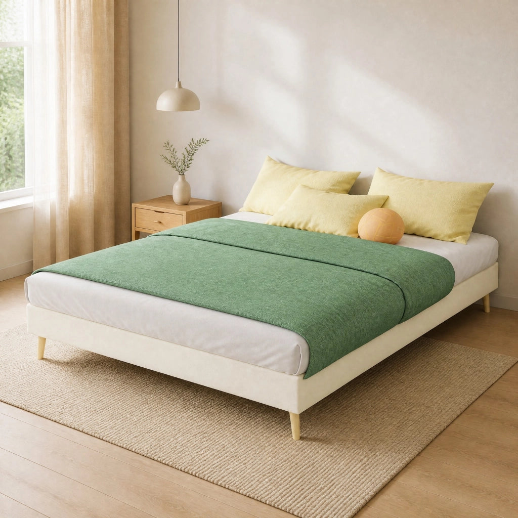Letto matrimoniale 140x200 cm in tessuto beige con testiera geometrica e struttura in metallo