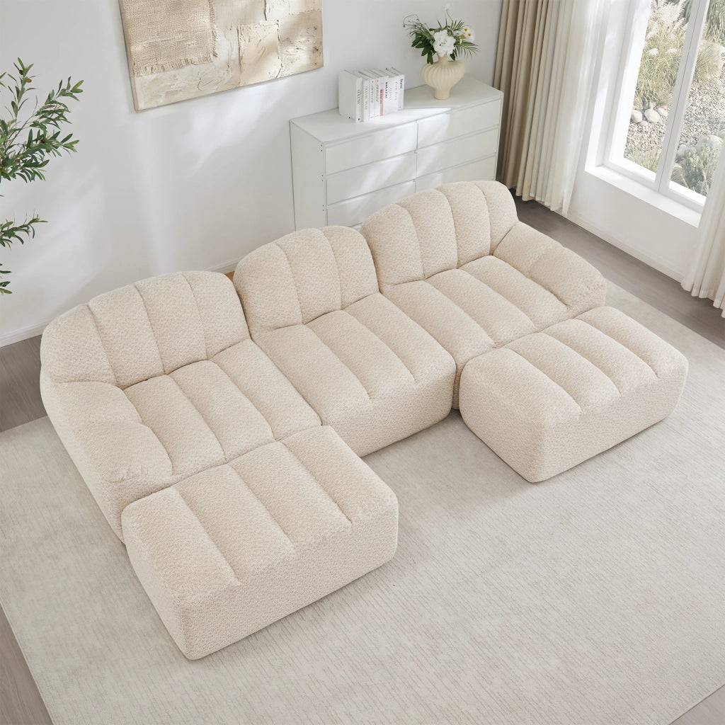 Divano Modulare U 3 Posti con 2 Ottoman ¨C Xylo ¨C Tessuto Morbido Beige, Seduta Profonda