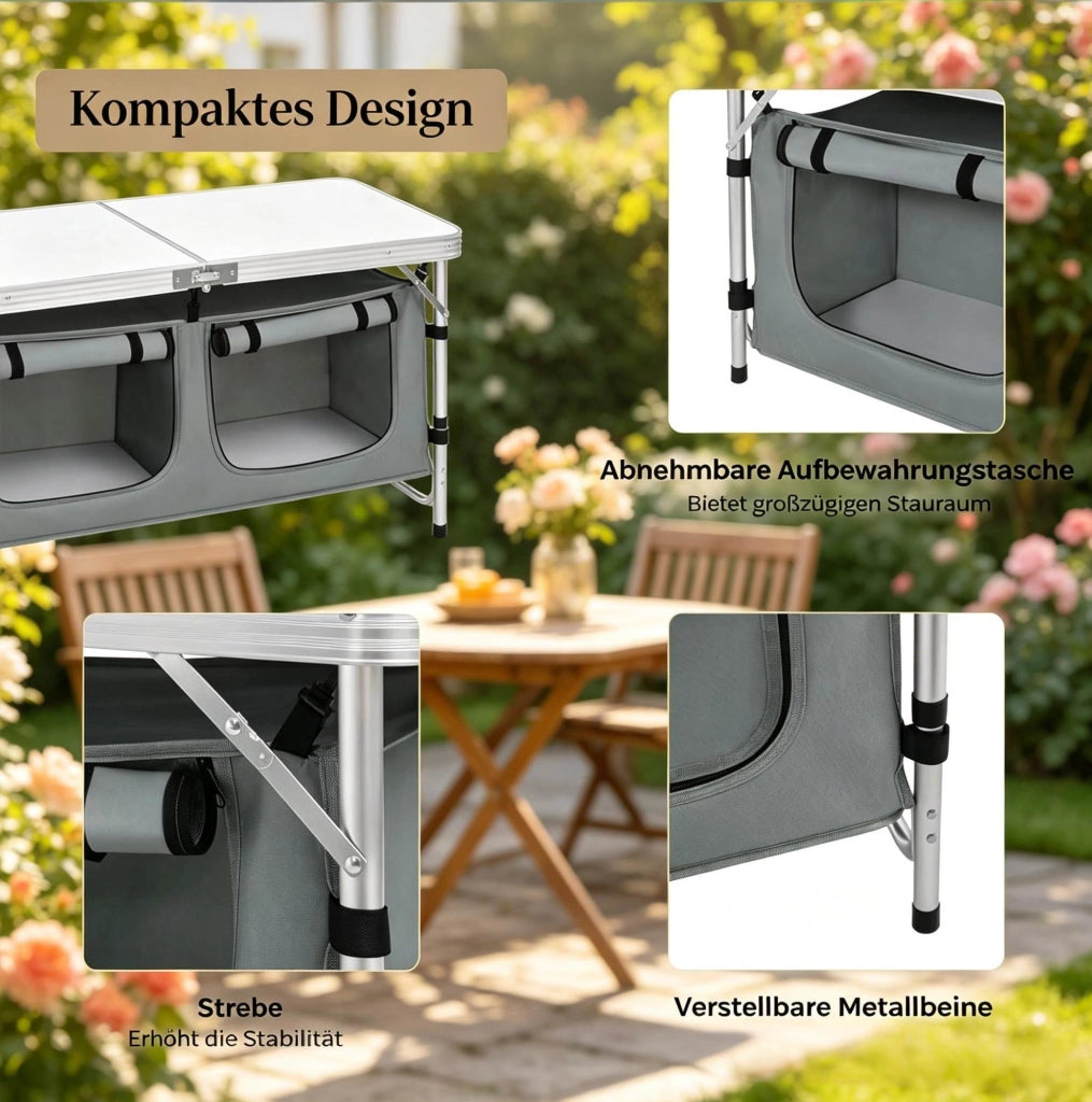 Tavolo da picnic pieghevole in alluminio con piano MDF, gambe regolabili, borsa portaoggetti in Oxford, 120x47 cm