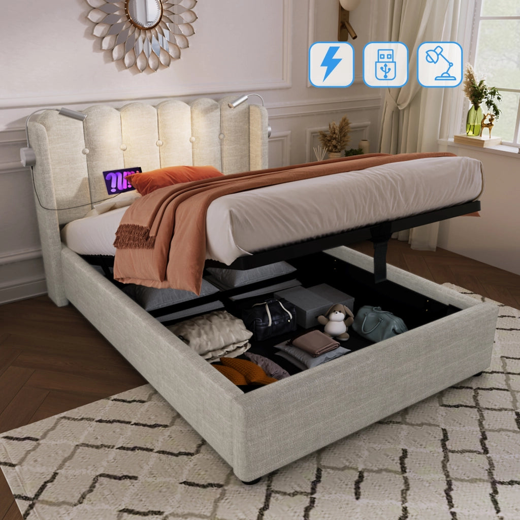 Letto Singolo 90x200 cm; Letto con Contenitore; Luce da Lettura e USB in Lino Beige