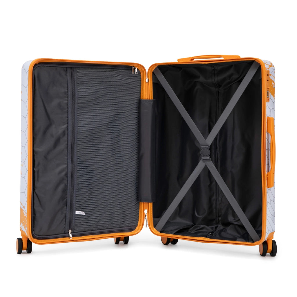 Trolley rigido arancione in PC, 4 ruote e lucchetto a combinazione