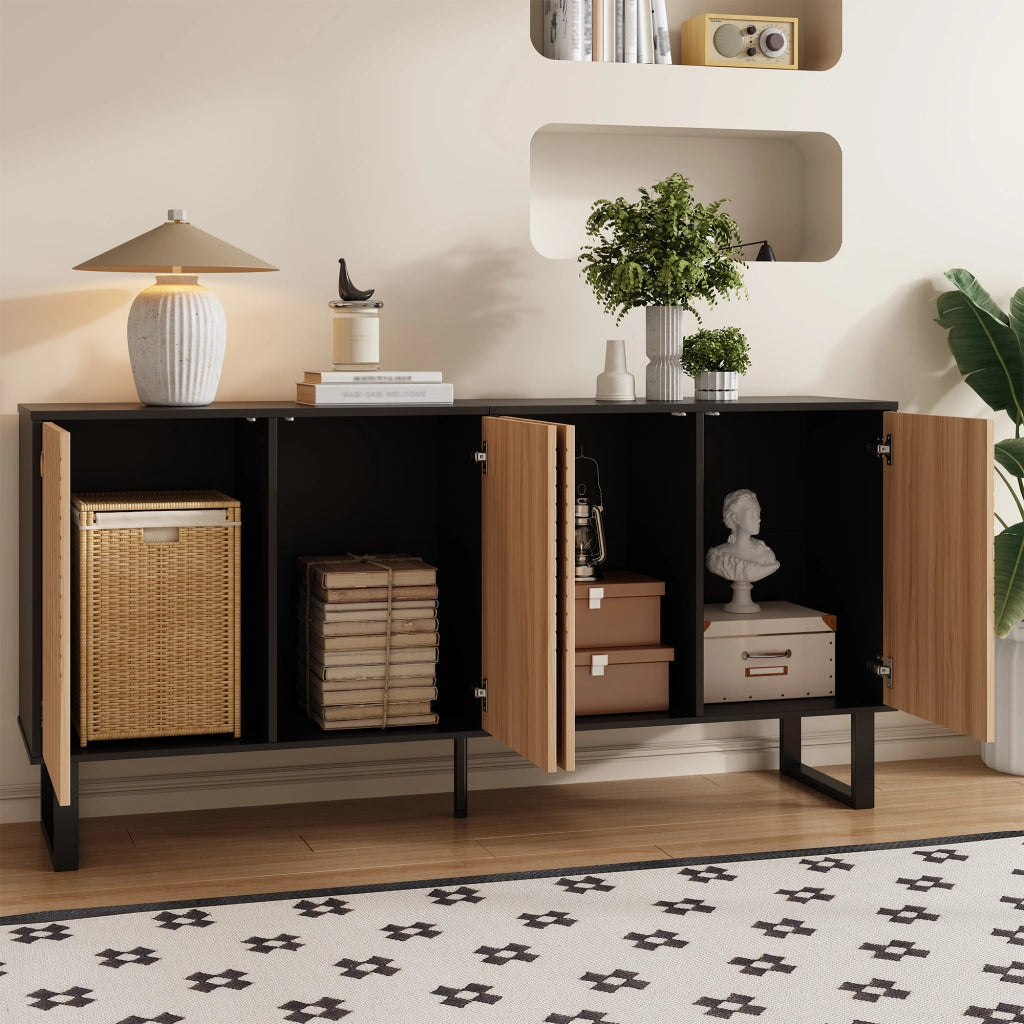 Mobile TV con ante a righe e vani aperti, per soggiorno e ingresso, in MDF e truciolare nero naturale, 160 × 38 × 75 cm