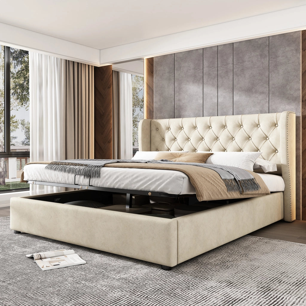 Letto contenitore 140 × 190 cm con sollevamento idraulico testiera imbottita rivestito in velluto beige