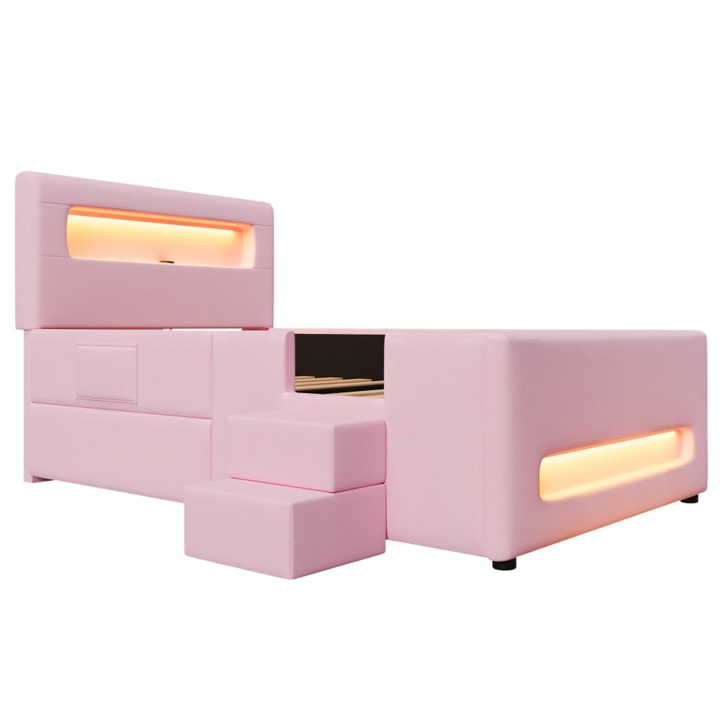 Letto singolo imbottito 90 × 200 cm con scala, cassetto su ruote e LED regolabile, senza materasso, rosa in PU