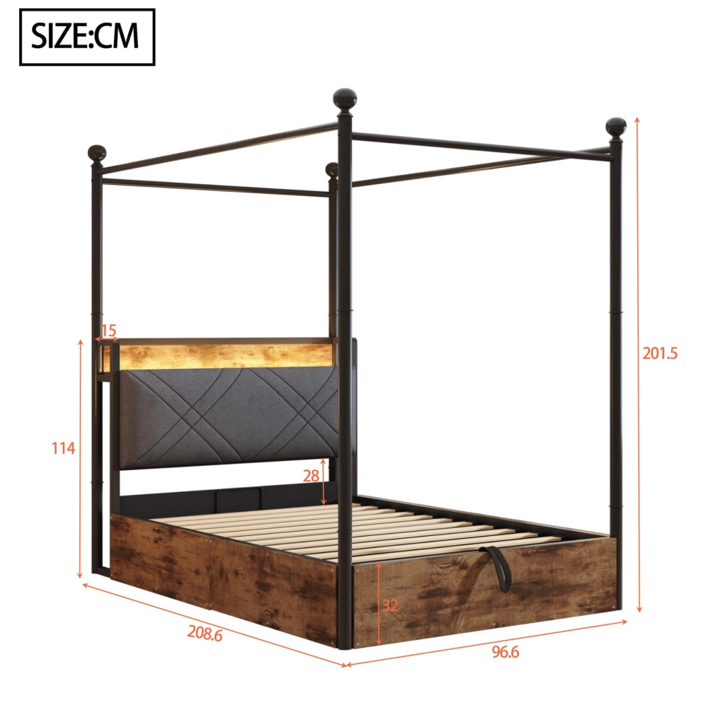 Letto a baldacchino 90x190 cm con contenitore idraulico, LED e USB-C in ferro nero