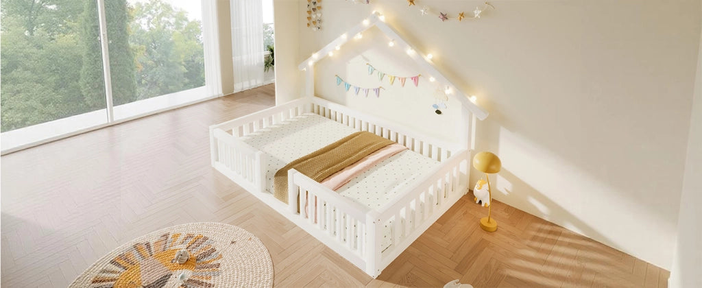 Letto Casetta per Bambini 90x200 cm con Sponde di Sicurezza; LED; Bianco
