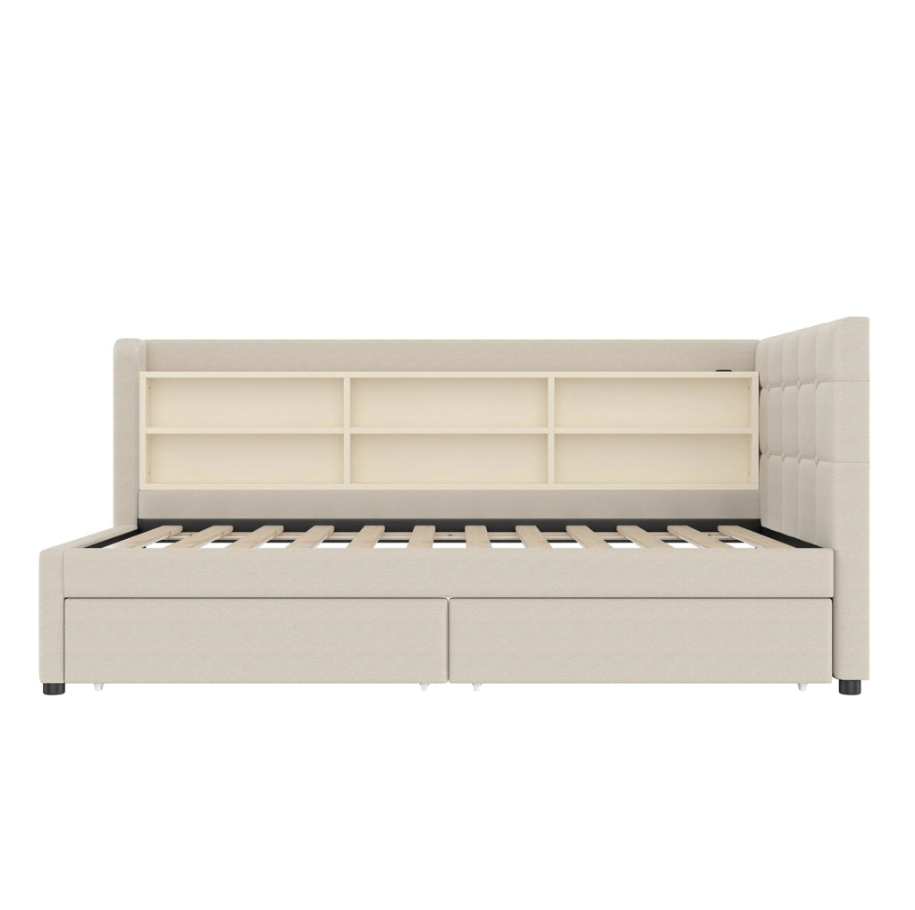 Letto 90x200 cm con 2 cassetti; USB e Tipo C in lino e MDF beige