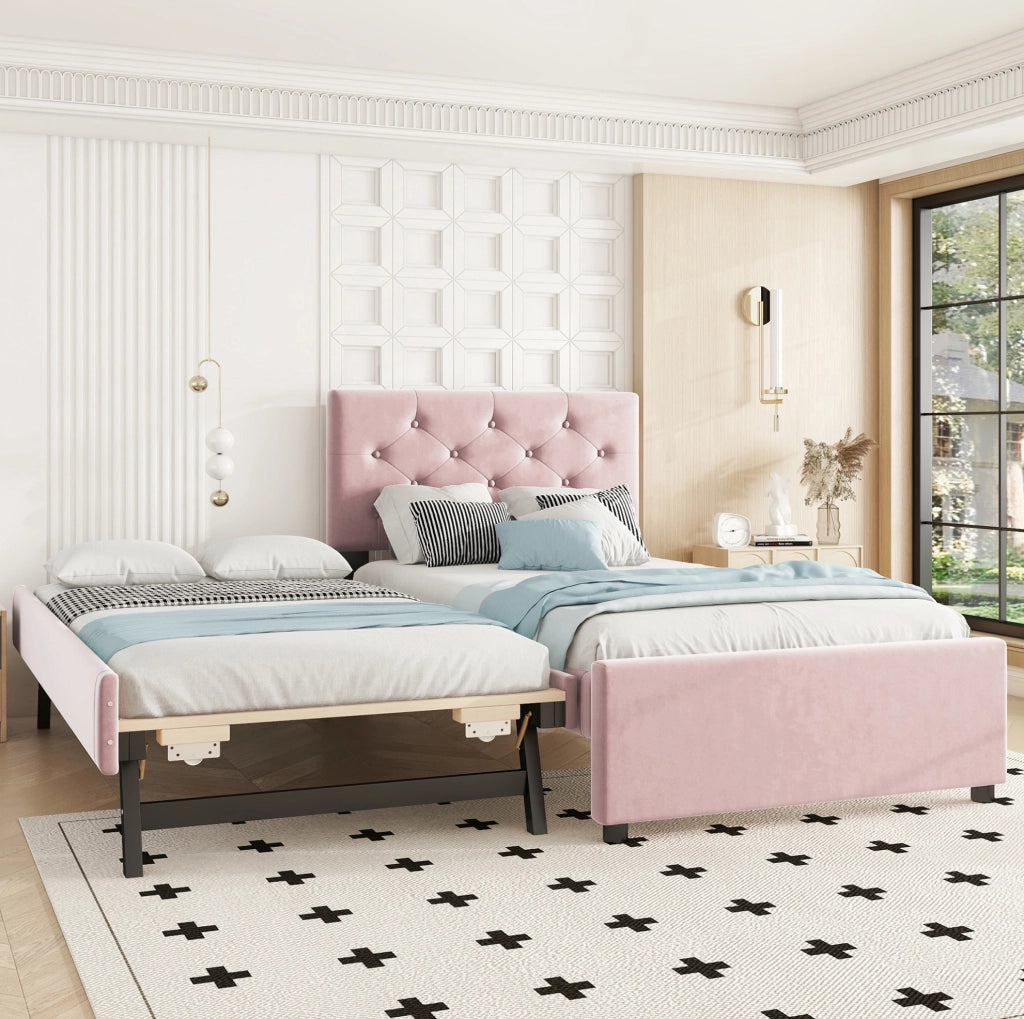 Letto imbottito rosa 90x200 cm in velluto con rete a doghe e letto estraibile