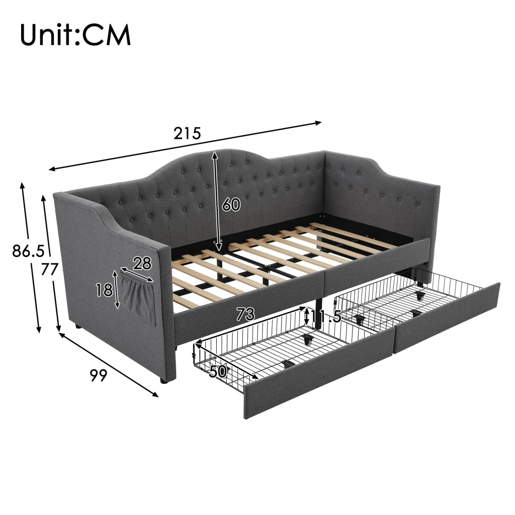 Letto daybed imbottito 90x200 cm grigio con USB e Type-C; 2 cassetti e tasche laterali; struttura in acciaio; legno e MDF; senza materasso