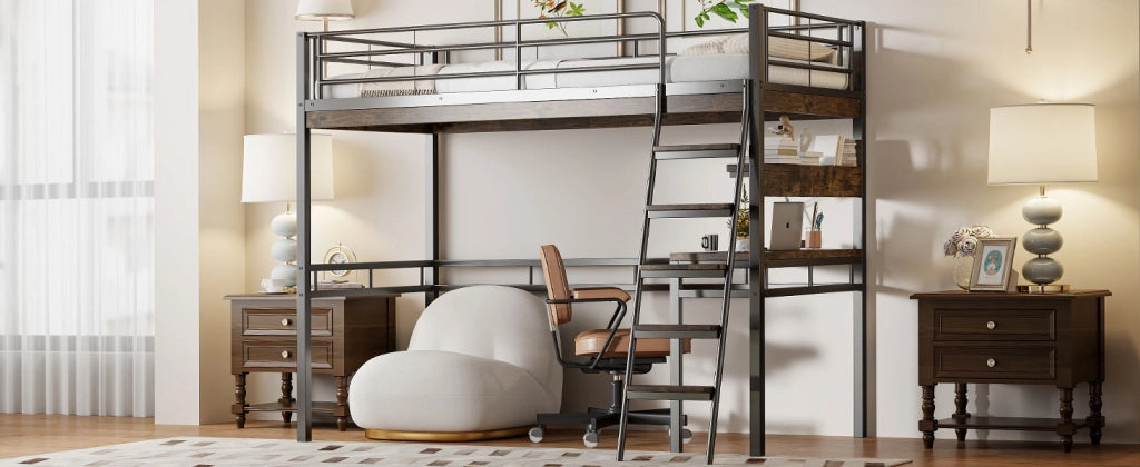 Letto a soppalco 90 × 200 cm con scrivania e scaffali in metallo e MDF nero con scala e sponde
