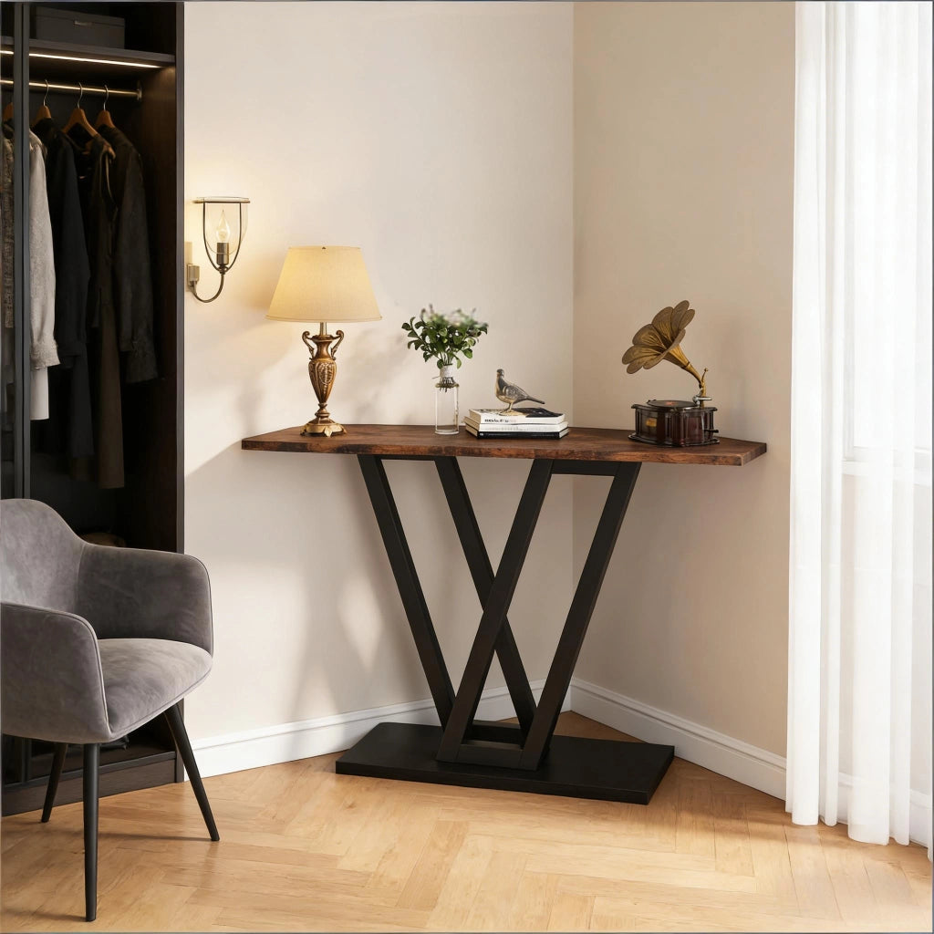 Consolle stretta con gambe metalliche a V piano in MDF struttura in metallo nero marrone rustico 110 × 30 × 80 cm