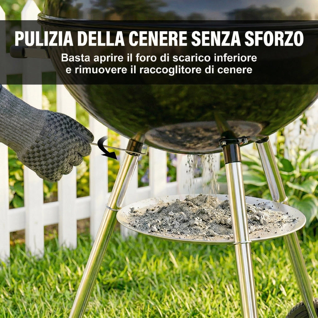 Barbecue a Carbone con griglia esterna rotonda, coperchio, termometro e ruote, Nero