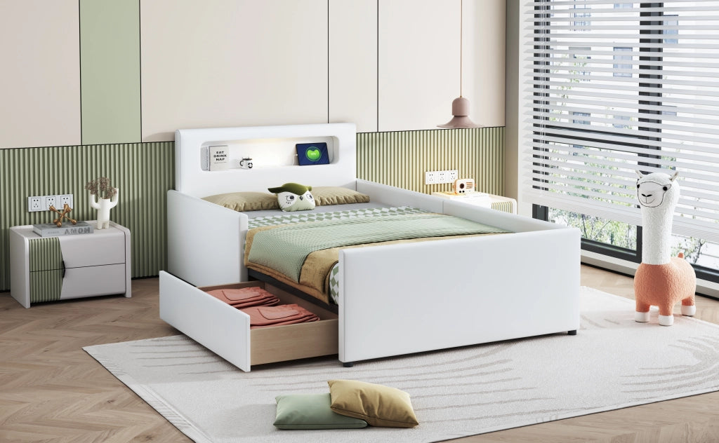 Letto singolo imbottito per bambini 90 × 200 cm con luce notturna USB cassetti e sponde rialzate bianco