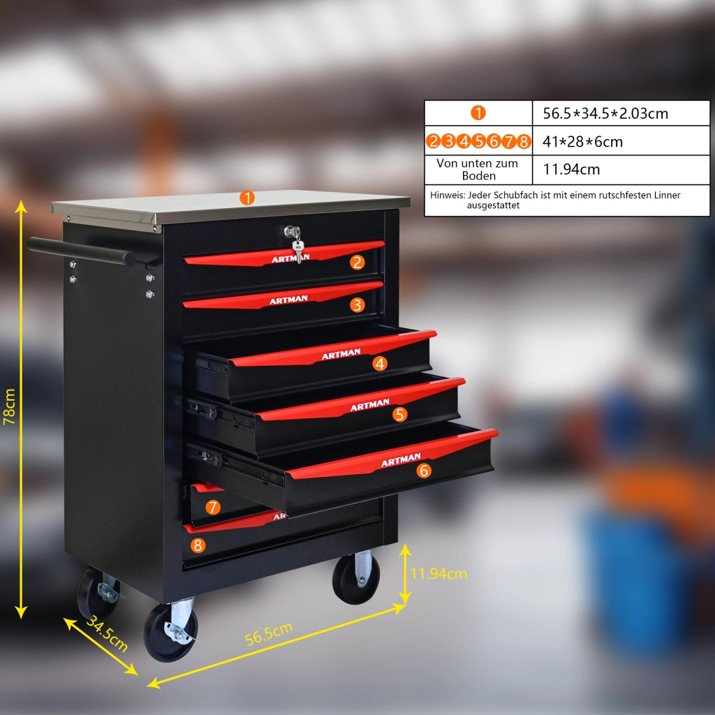 Carrello portautensili con 7 cassetti chiudibile a chiave in acciaio con ruote nero e rosso 62.5 × 34.5 × 78 cm